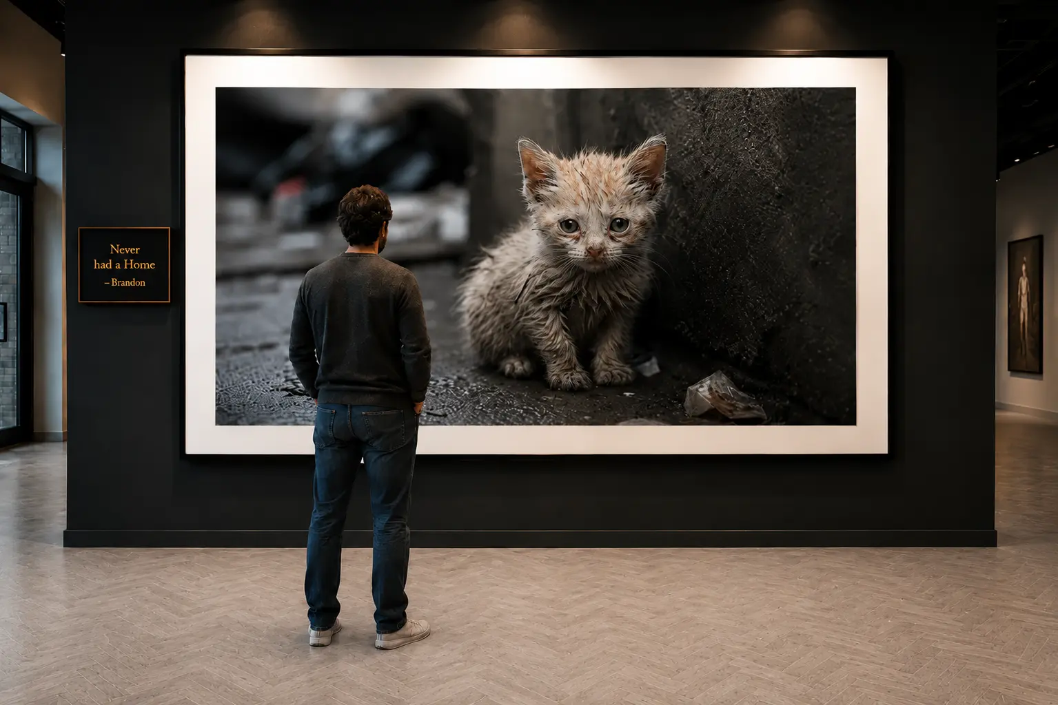 A man stands in a dark gallery, viewing a giant photo of a lonely wet kitten, with a plaque reading “Never had a Home – Brandon.”
