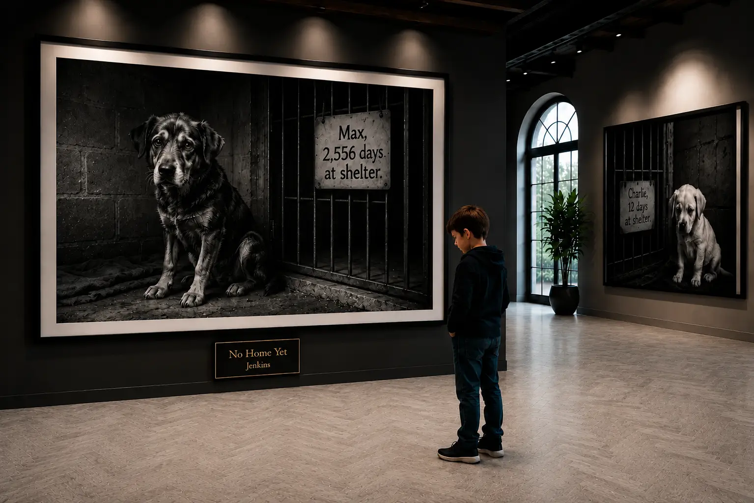A boy stands in a gallery, viewing a large portrait of a shelter dog named Max, highlighting years spent waiting for a home.