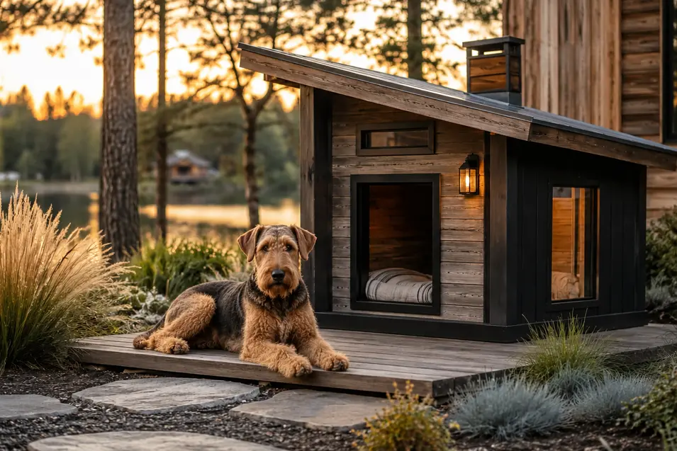 Rustic modern cabin dog house with weathered wood siding, a sloped metal roof, warm lantern lighting, and a cozy porch, featuring an Airedale Terrier.