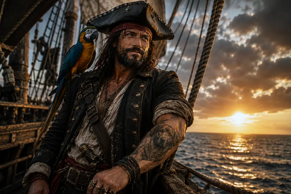Rugged pirate captain with a colorful parrot on his shoulder and a realistic dog portrait tattoo on his forearm, standing aboard a ship at dramatic sunset.