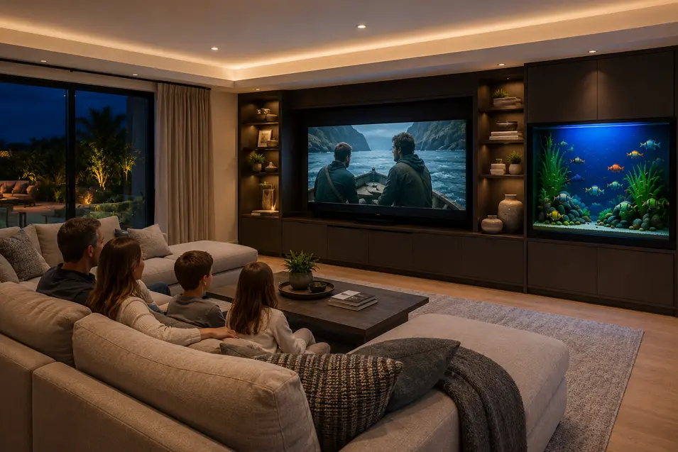 Modern family room with a large sectional, built-in aquarium, oversized TV, and family watching a movie in a luxury, magazine-style entertainment space.