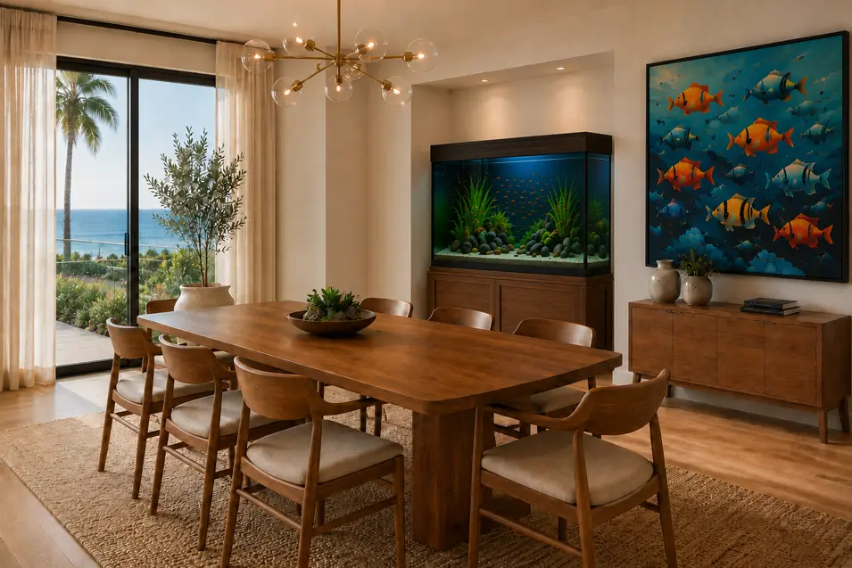 Modern coastal dining room with ocean views, a large wood table, free-standing illuminated aquarium in a recessed niche, warm furnishings, and colorful fish artwork.