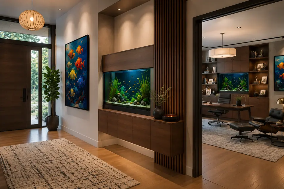 Modern entryway with a built-in aquarium, opening to a mid-century modern home office featuring walnut cabinetry, colorful fish artwork, and luxury furnishings.
