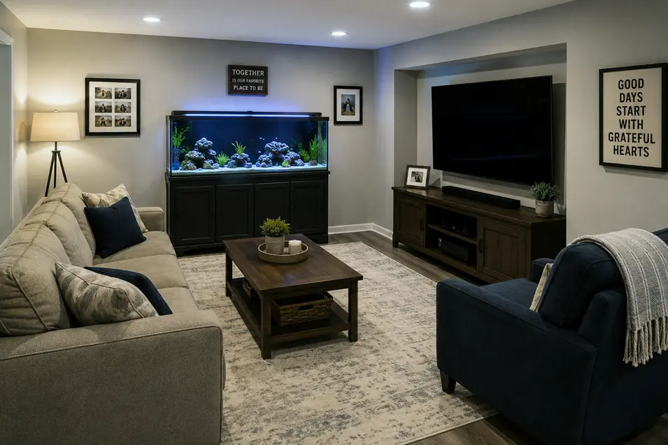 Cozy family bonus room with sofa, armchair, TV entertainment wall, and medium aquarium, featuring warm lighting, wood furnishings, and a neutral area rug.