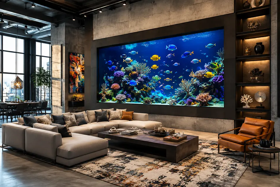 Luxury industrial living room featuring a massive built-in reef aquarium, colorful fish artwork, bright open-concept design, high-end furnishings, and magazine-quality styling.