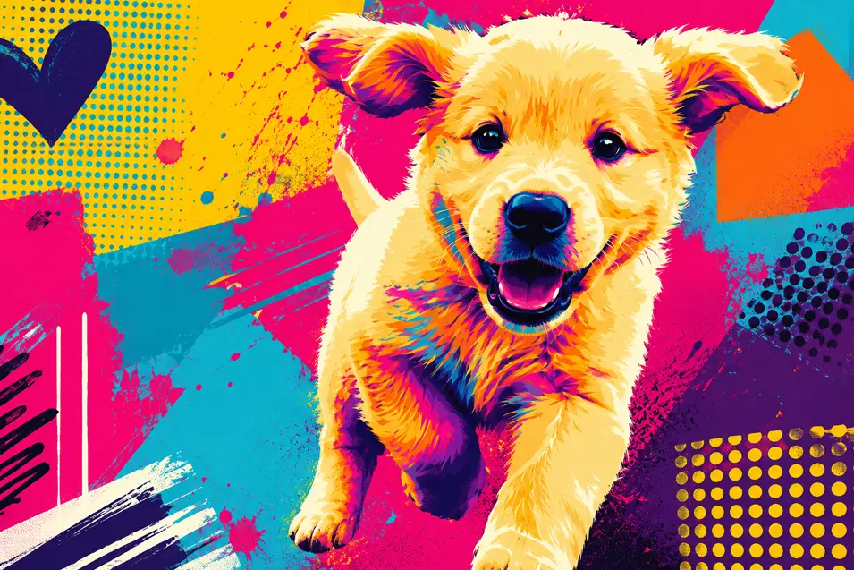 A vibrant pop-art portrait of a playful puppy featuring bold colors, graphic patterns, expressive detail, and contemporary gallery-inspired design.