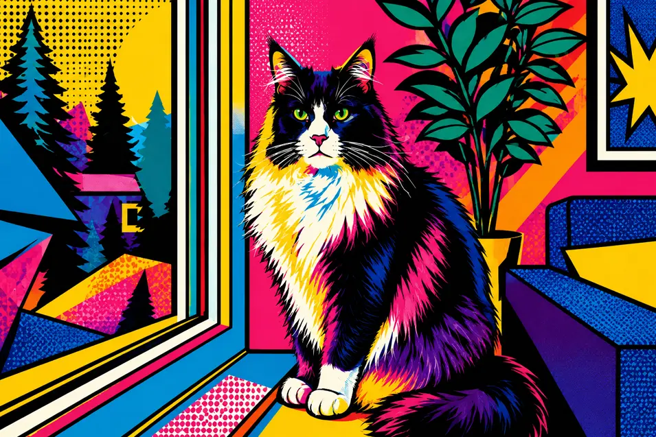 Vibrant pop-art portrait of a regal tuxedo Maine Coon on a windowsill, featuring bold neon colors, thick outlines, geometric shapes, and comic-inspired energy.