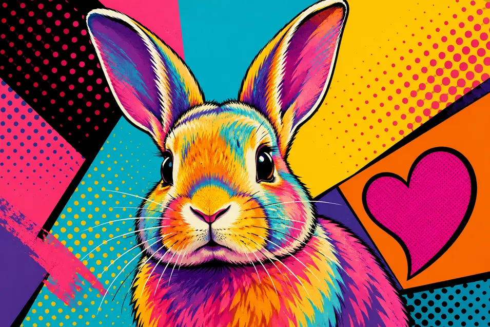 Vibrant pop art rabbit in bold neon colors with graphic shapes, comic-style patterns, and playful contemporary gallery energy.