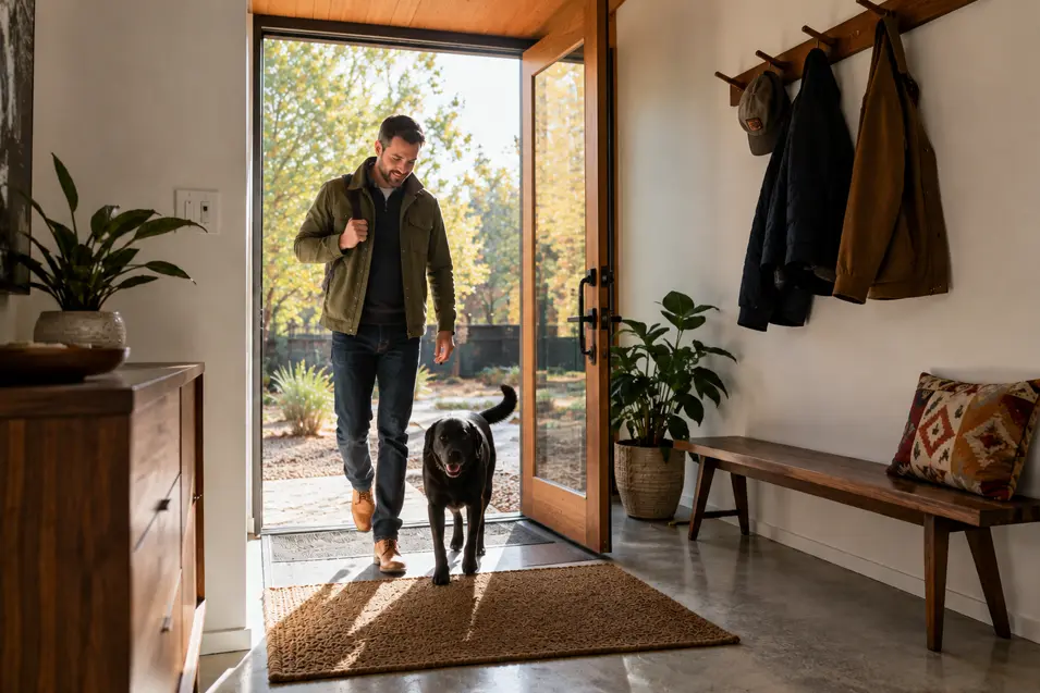 Man and black dog return from a walk and enter a mid-century modern home through an open front door, stepping onto a large entry rug designed to help reduce dirt indoors.
