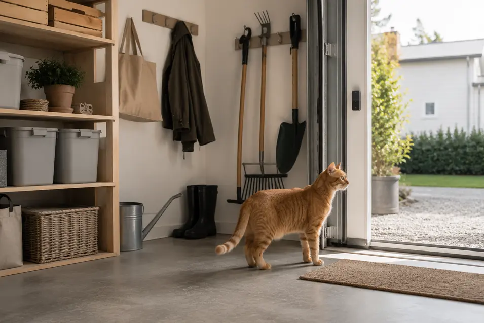 Orange cat standing near an open garage door in a Scandinavian-style garage with organized storage, highlighting the risk of pet escapes through garage entrances.