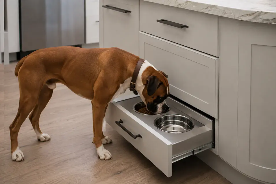 Modern kitchen with a built-in pull-out feeding drawer featuring stainless steel bowls, used by a boxer dog in a sleek contemporary home.