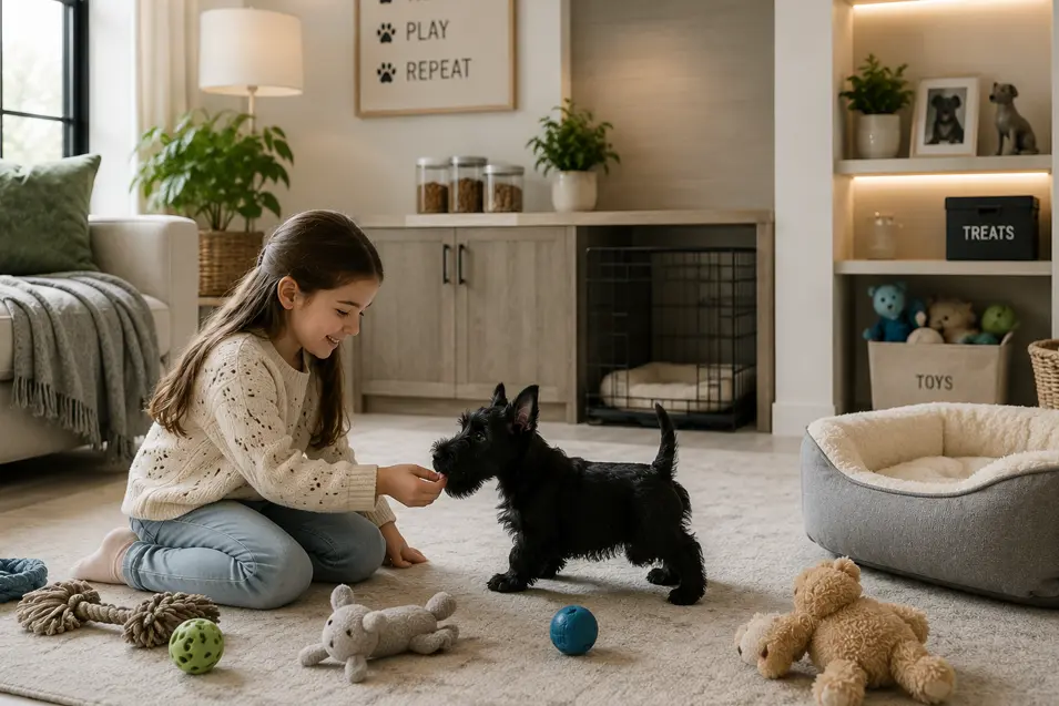 Young girl playing with a Scottish Terrier puppy in a beautifully designed puppy room featuring a plush dog bed, organized toy storage, a cozy crate area, and soft neutral décor. The bright, pet-friendly space is designed to support training, comfort, and safe exploration for a new puppy.