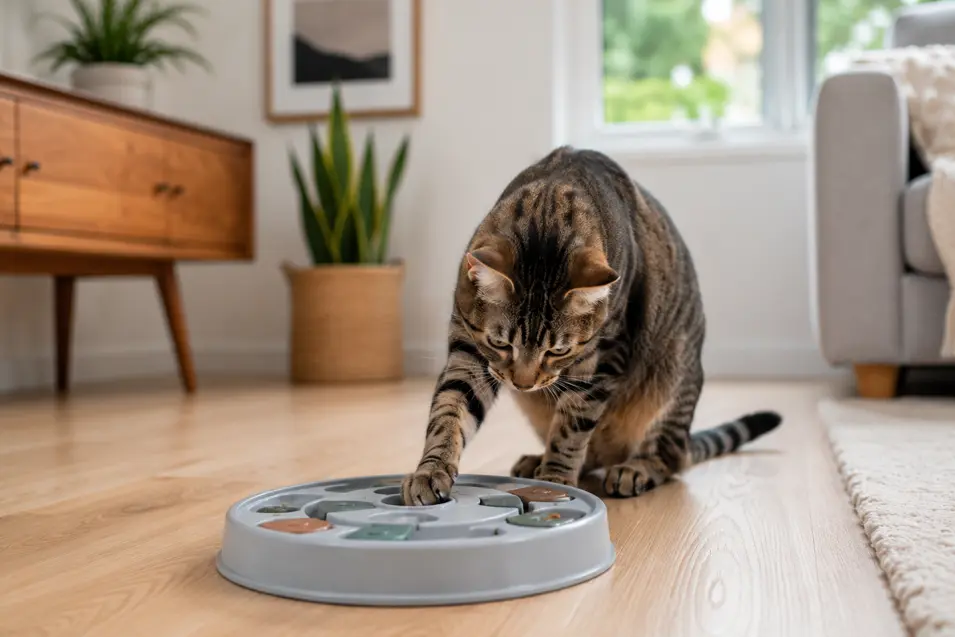 Focused tabby cat using a puzzle feeder to retrieve treats, reaching with a paw in a bright modern home filled with natural light.