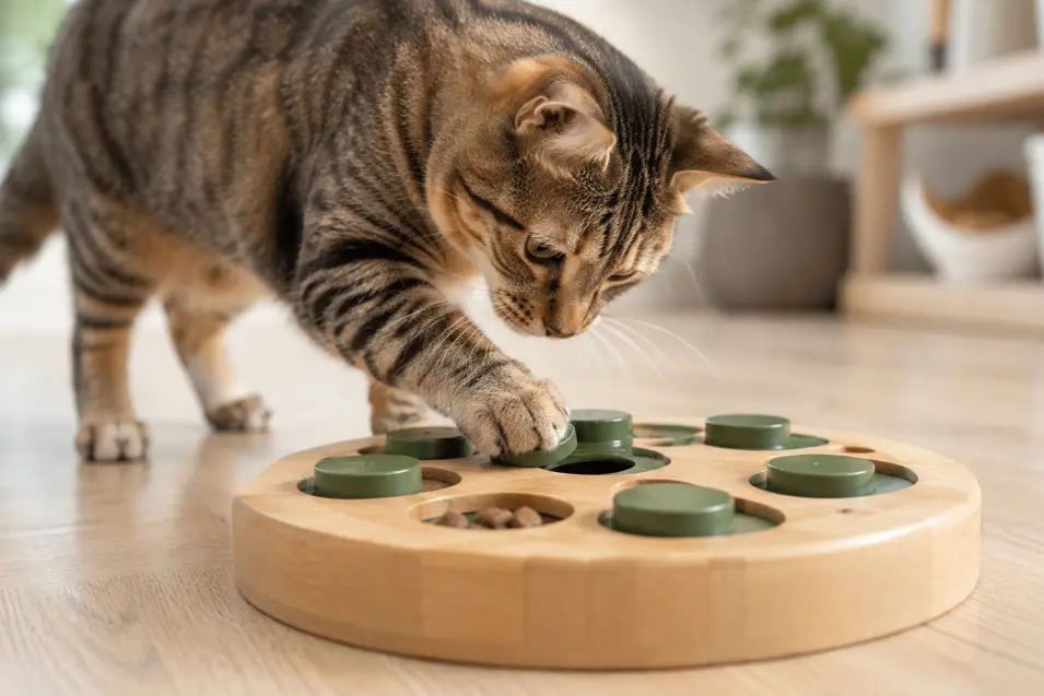 Curious tabby cat using its paw to solve a puzzle feeder and reach treats in a bright home, focused on an enrichment toy.