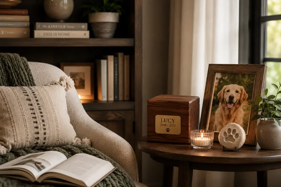 Cozy reading nook featuring a framed dog portrait, wooden memorial urn, paw print keepsake, and candle on a side table beside a comfortable armchair.