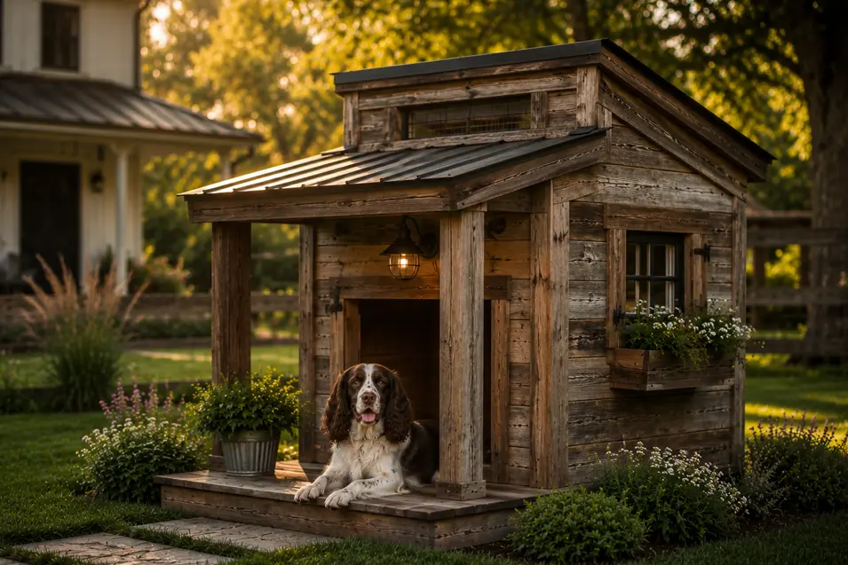 Rustic farmhouse dog house with a happy English Springer Spaniel, reclaimed wood, cozy porch, vintage charm, and beautifully landscaped country setting.
