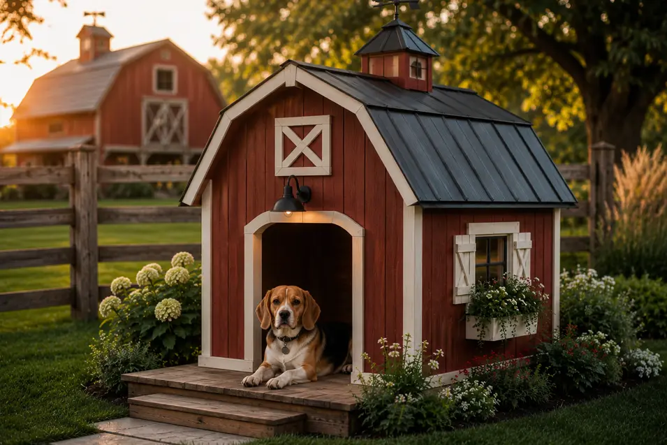 Charming red farmhouse-style dog house with rustic barn details, cozy lighting, flower boxes, and classic country charm in a beautifully landscaped yard.