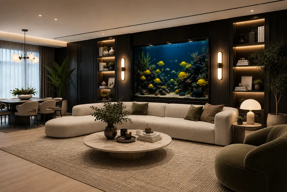 Elegant modern living room with designer furniture, light wood floors, and a stunning built-in yellow tang aquarium framed by matching wall sconces.
