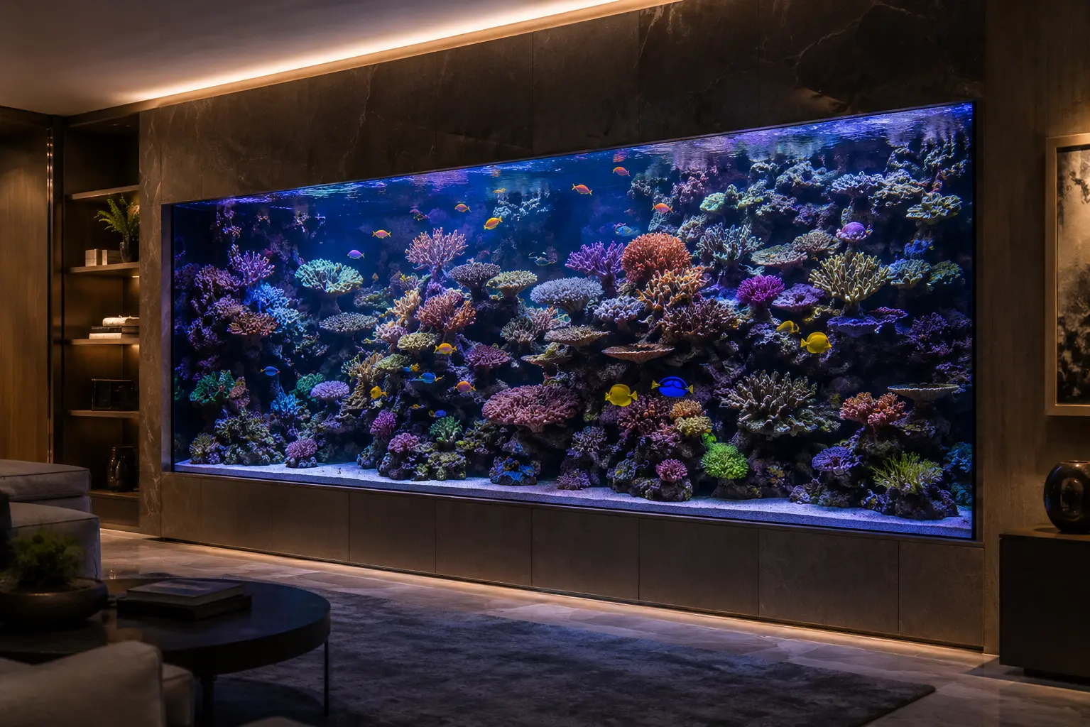 A vibrant reef aquarium bursts with color, texture, and movement, transforming a living wall into a breathtaking masterpiece of living art.