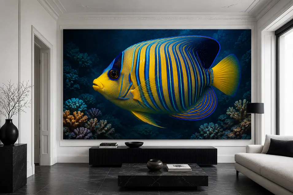 Luxury minimalist living room with dark stone floors and a wall-sized Regal Angelfish artwork, creating a bold, gallery-inspired focal point.