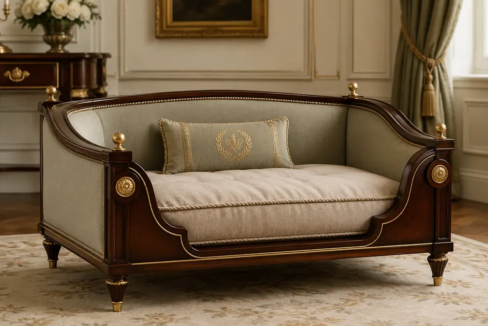 Elegant Regency-inspired luxury dog bed with rich wood, brass accents, tailored upholstery, and plush cushion, set in a refined classic interior.