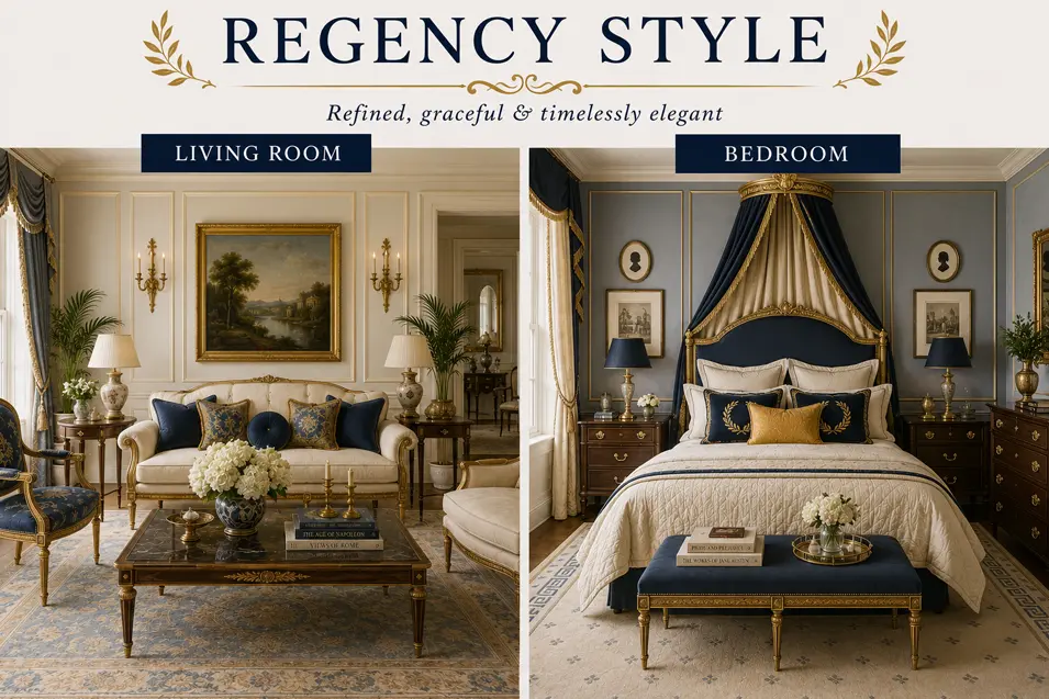 Regency style interior showcase featuring an elegant living room and bedroom with gilded accents, classical furnishings, rich blue tones and refined luxury.