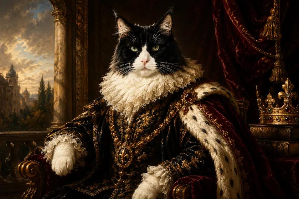 Regal Renaissance portrait of a black-and-white Maine Coon in ornate royal robes, dramatic chiaroscuro lighting, and rich museum-quality oil painting style.