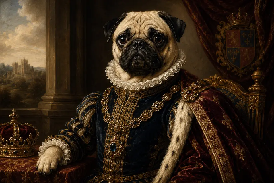 A regal pug in lavish Renaissance royal attire, posed with a crown, rich velvet robes, dramatic lighting, and museum-quality classical oil painting detail.