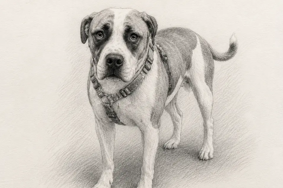 A gallery-quality pencil sketch of a rescue dog with soulful eyes, realistic shading, and fine detail on textured paper, capturing quiet emotion and dignity.