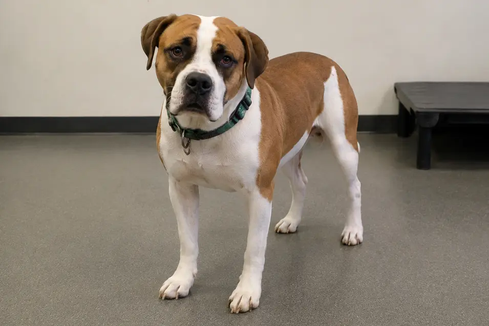 A sad mixed-breed dog stands in a plain animal shelter room, looking toward the camera with soulful eyes under soft, imperfect indoor lighting.