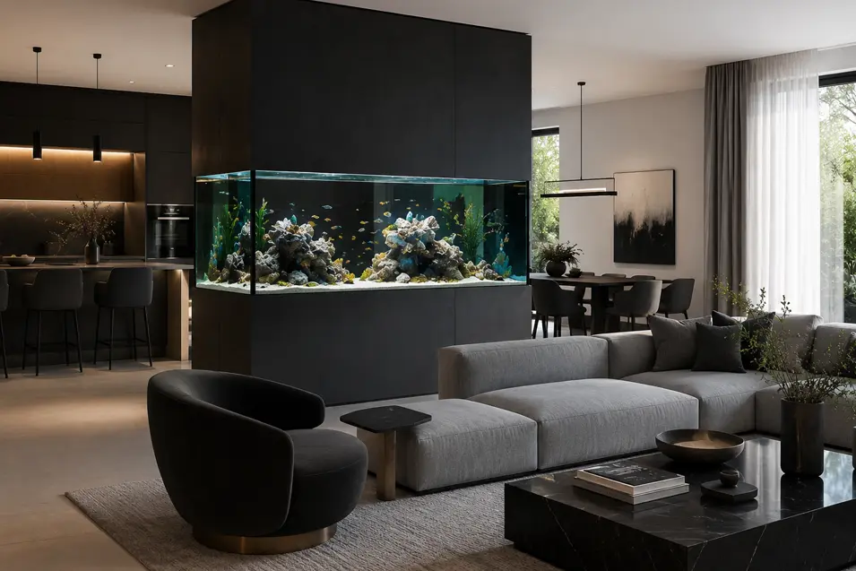Modern luxury open-plan living space featuring a built-in aquarium room divider, sleek contemporary furnishings, dark finishes, and elegant ambient lighting.