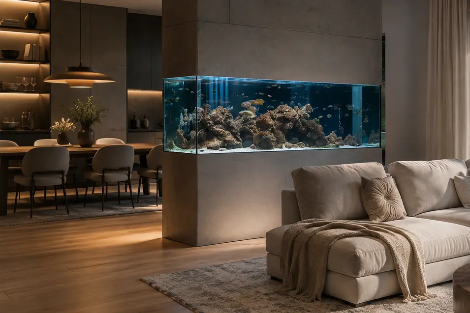 Modern luxury living room with a built-in reef aquarium room divider, bespoke sectional sofa, warm ambient lighting, and elegant open-plan design.