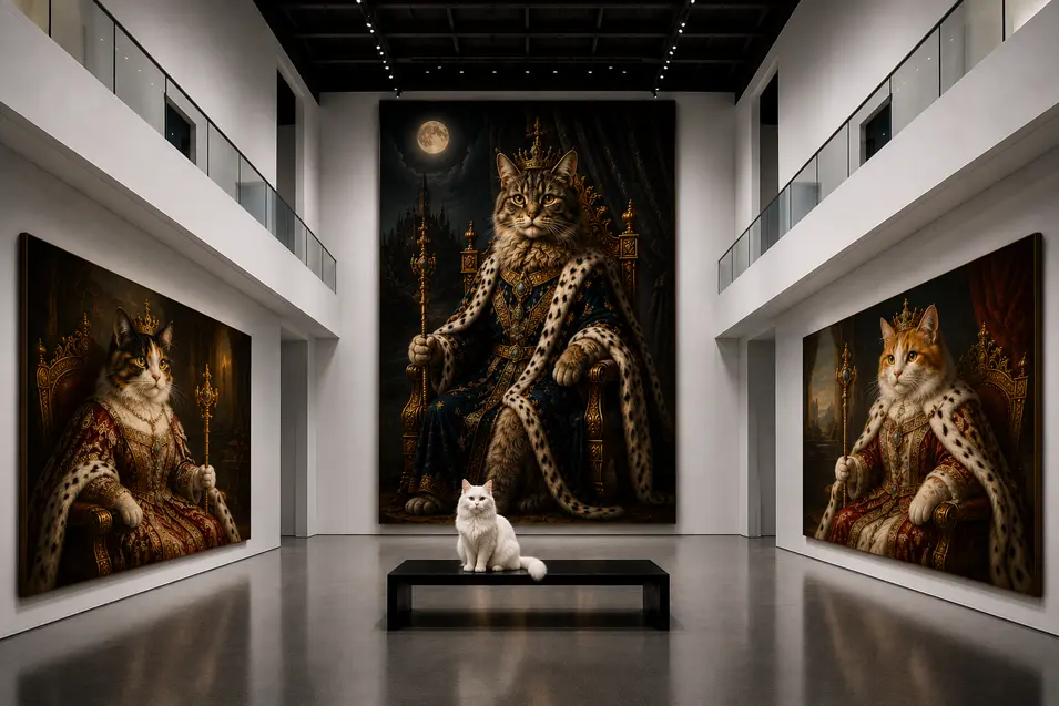 Grand gallery with towering royal cat portraits, a majestic white cat on a bench, soaring white walls, and elegant museum architecture bathed in dramatic light.