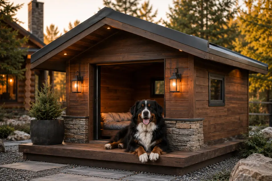 Rustic luxury cabin dog house with rich cedar siding, stone accents, warm lantern lighting, and a cozy porch, featuring a happy Bernese Mountain Dog.