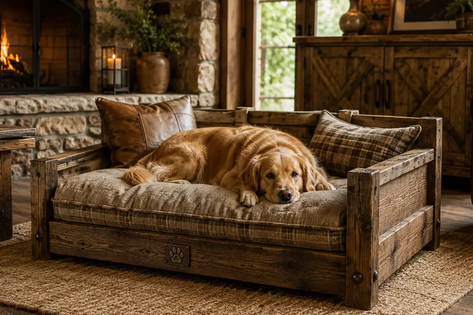 Golden retriever relaxing on a handcrafted rustic wooden dog bed beside a stone fireplace in a warm, cozy cabin-inspired living room.