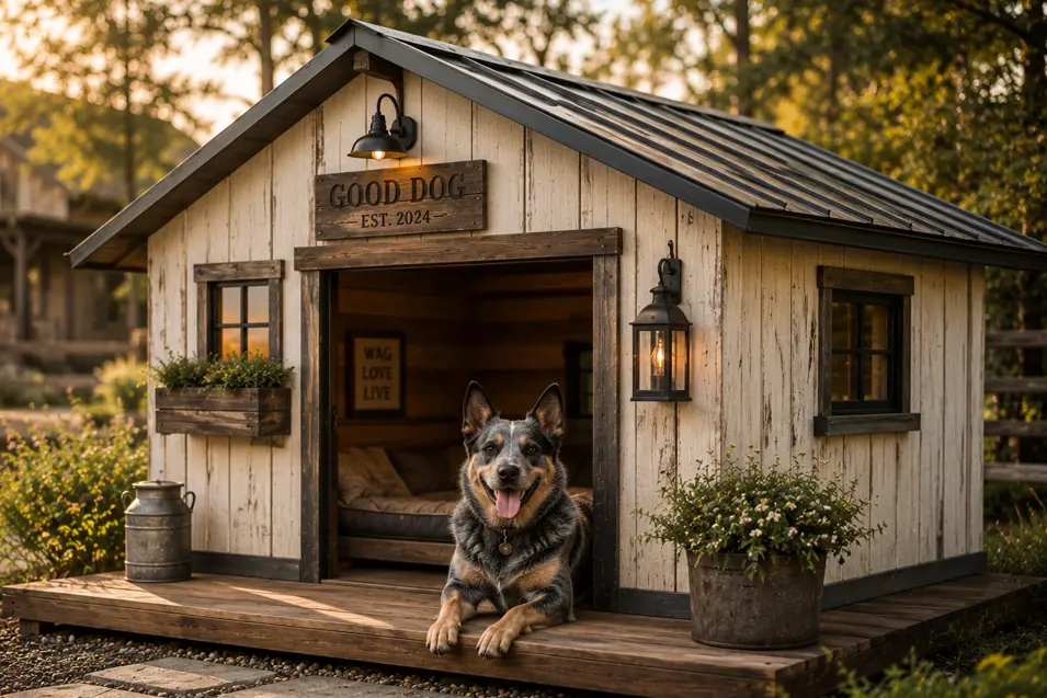 Rustic cabin dog house with weathered wood siding, metal roof, farmhouse lanterns, and a cozy porch, featuring a happy Australian Cattle Dog.