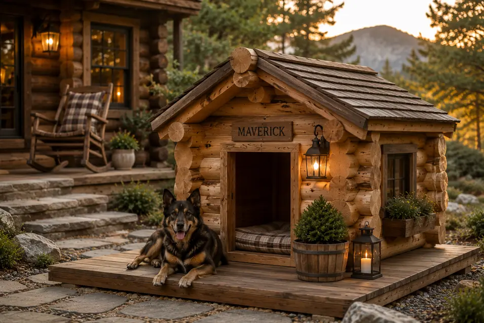 Luxury rustic log cabin dog house crafted from cedar logs, featuring mountain lodge charm, cozy details, and a German Shepherd in a forest-inspired backyard.