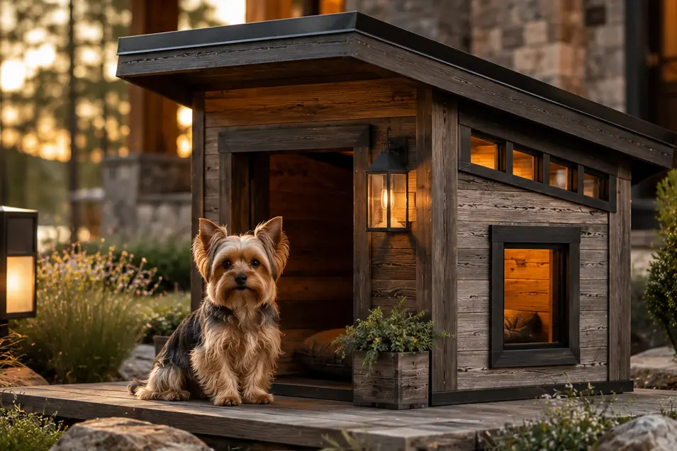 Rustic modern cabin dog house with weathered wood siding, warm lantern lighting, and a cozy porch, featuring an adorable Yorkshire Terrier.