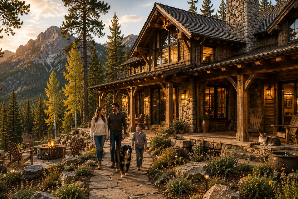Family walking with a Bernese Mountain Dog outside a luxury rustic mountain home with timber beams, stonework, forest views, and a cat relaxing on the porch.
