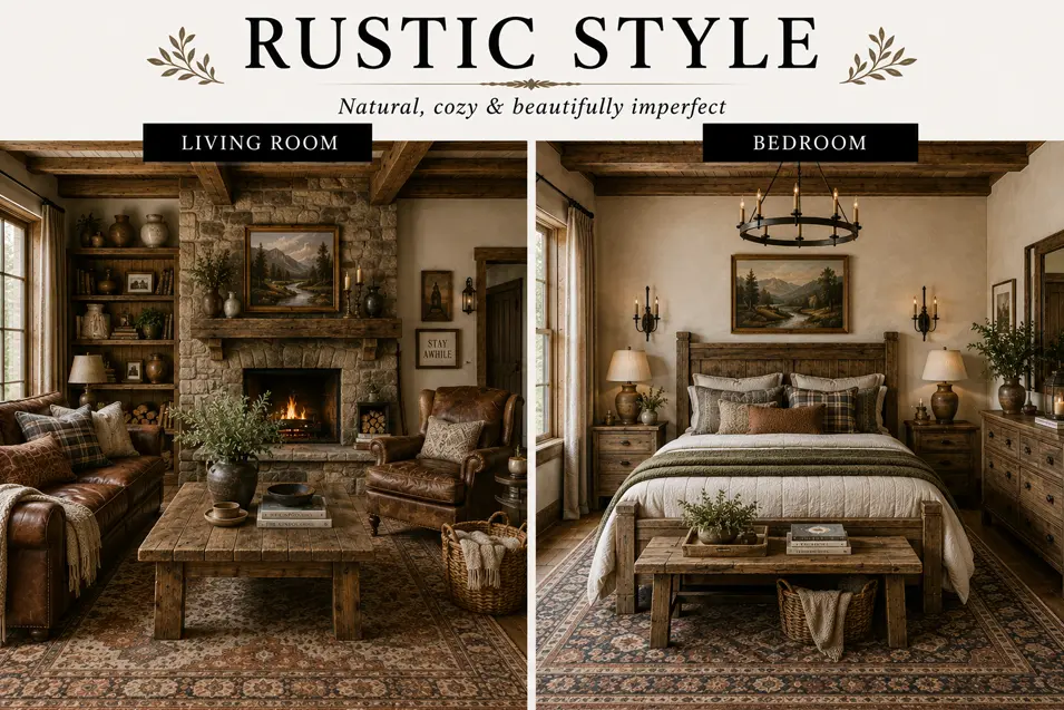 Rustic style interior showcase featuring a cozy living room and bedroom with reclaimed wood, stone accents, earthy tones and warm natural textures.