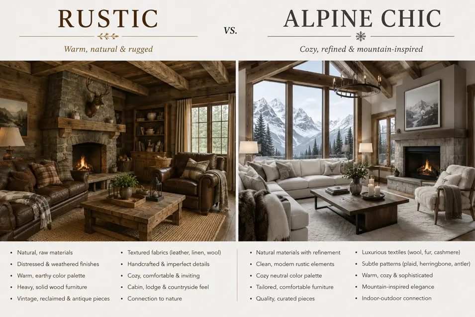 Side-by-side living room comparison: Rustic style with raw wood, stone and rugged charm vs Alpine Chic with refined mountain elegance, cozy textures and modern comfort.