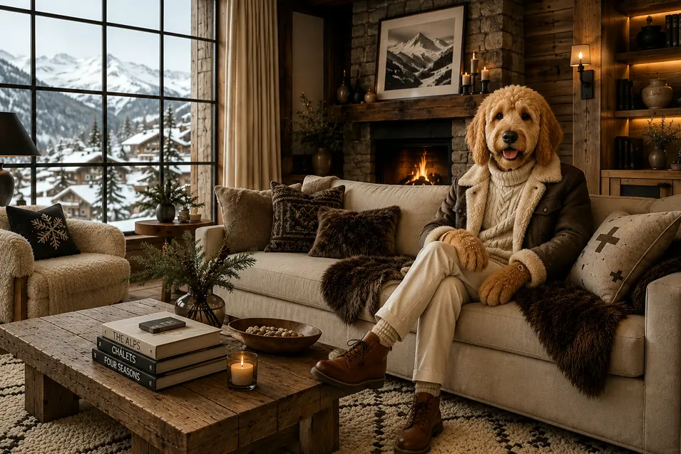 Rustic living room with a well-dressed doodle interior designer, featuring reclaimed wood, a stone fireplace, cozy textiles, and warm natural tones.