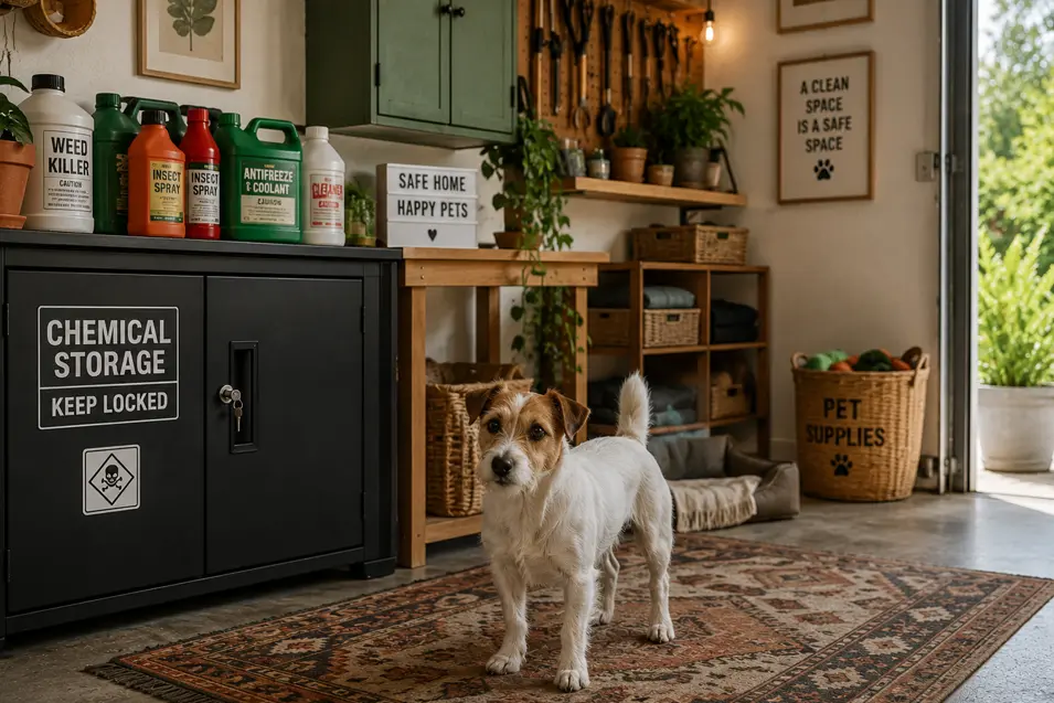 Jack Russell Terrier standing in a bohemian-style garage beside a locked chemical storage cabinet, with organized pet supplies, plants, and clearly labeled hazardous products stored safely.