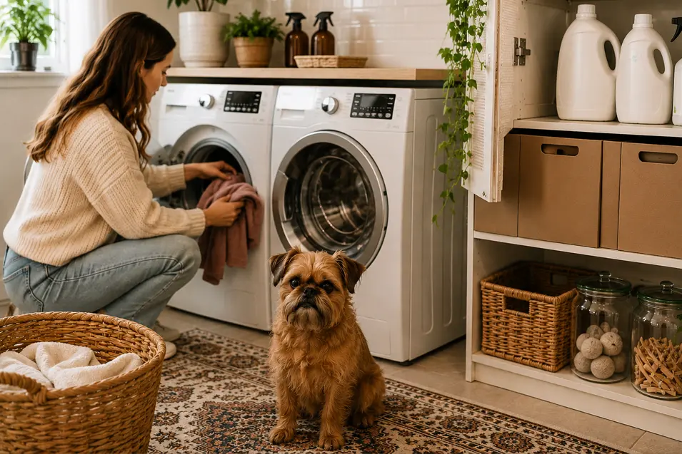 Woman loading laundry in a bright bohemian-style laundry room while a Brussels Griffon sits nearby, with neatly organized storage, wicker baskets, and cleaning products safely stored out of reach.