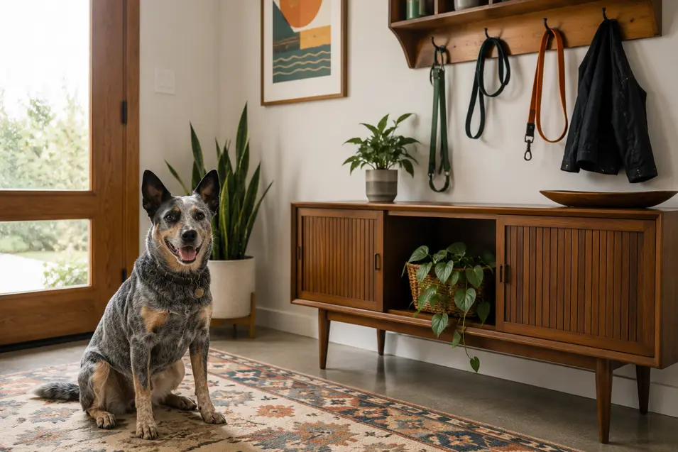 Australian Cattle Dog sitting in a mid-century modern entryway with organized leash storage, wood cabinetry, indoor plants, and a pet-friendly space for outdoor gear.