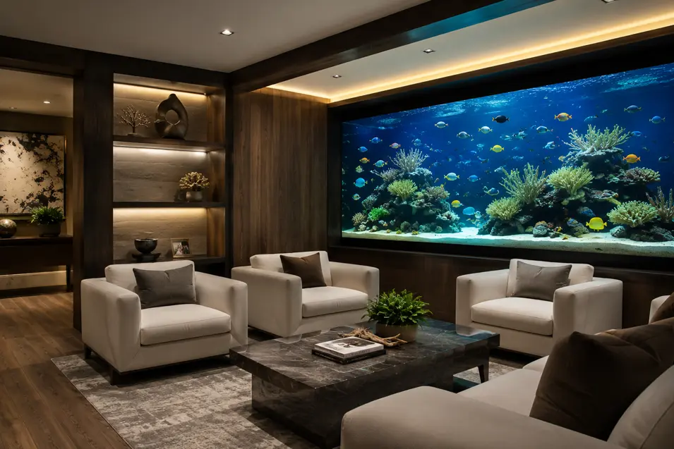 Luxury modern living room with a stunning built-in reef aquarium, designer furniture, warm wood accents, and vibrant tropical fish in photorealistic detail.