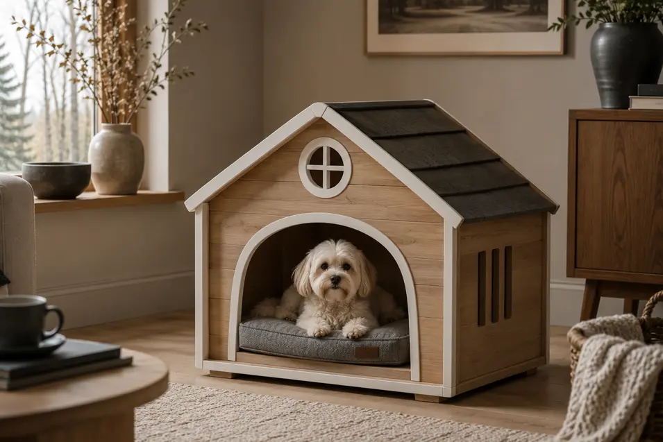 Scandinavian indoor dog house with natural wood, white trim, cozy cushion, round window, and a timeless cabin-inspired design for stylish modern homes.