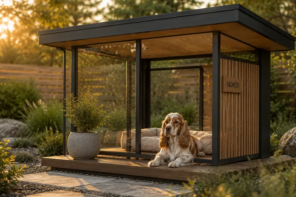 Luxury Glass Nordic Pavilion dog house with floor-to-ceiling glass, cedar slats, sleek black framing, and minimalist Scandinavian landscaping.