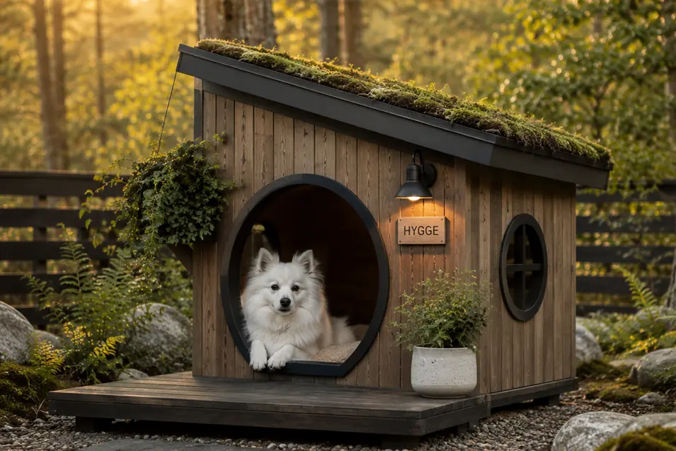 Scandinavian Forest Hideaway dog house with warm cedar, a living moss roof, round entrance, and woodland-inspired landscaping for a cozy retreat.
