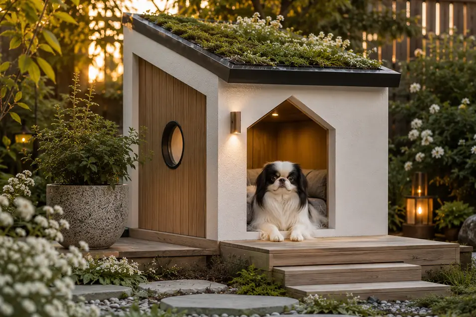 Scandinavian garden retreat dog house with a green roof, warm wood accents, blooming gardens, and a charming Japanese Chin at the cozy entrance.